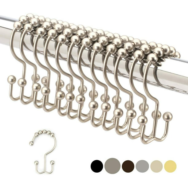 Premium Rust Resistant Stainless Steel Metal Hook Polished Nickel Decorative Finish Set of 12 Roller Balls Glide on Shower Rods 2lbDepot Double Shower Curtain Hooks Rings